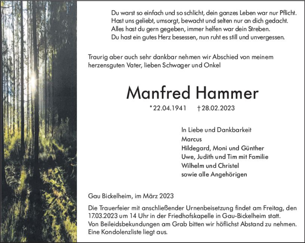  Traueranzeige für Manfred Hammer vom 11.03.2023 aus Allgemeine Zeitung Alzey
