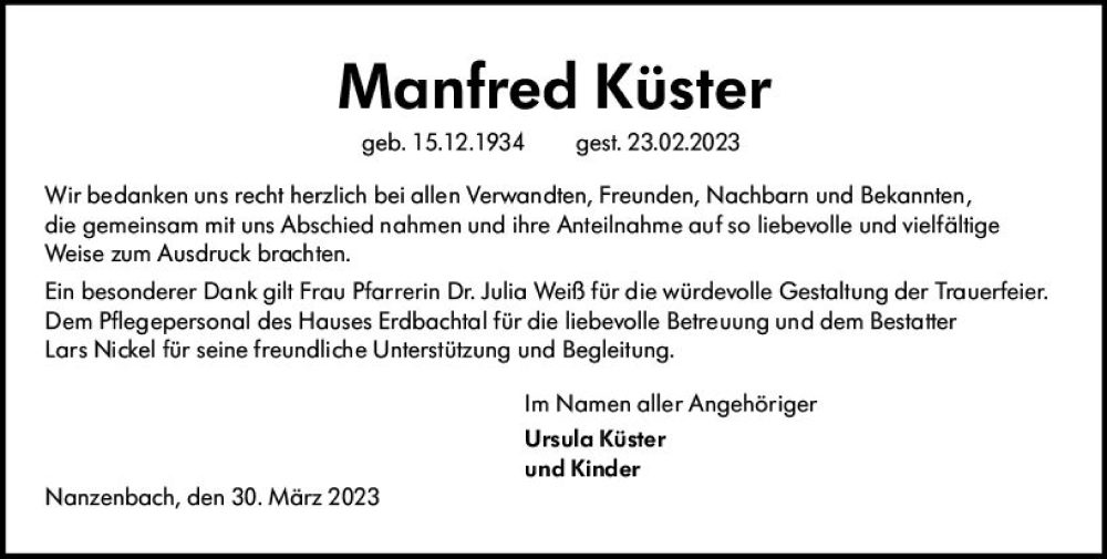 Traueranzeige für Manfred Küster vom 01.04.2023 aus Dill Block
