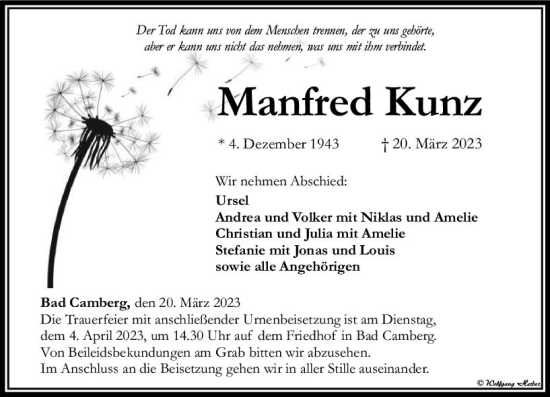 Traueranzeige von Manfred Kunz von Camberger Anzeiger