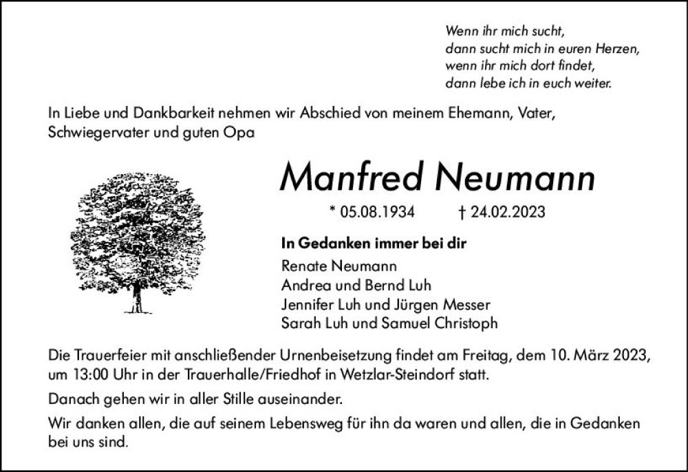  Traueranzeige für Manfred Neumann vom 04.03.2023 aus Wetzlarer Neue Zeitung