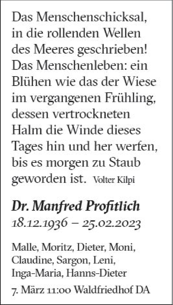 Traueranzeige von Manfred Profitlich von Darmstädter Echo