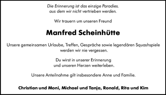 Traueranzeige von Manfred Scheinhütte von Allgemeine Zeitung Mainz