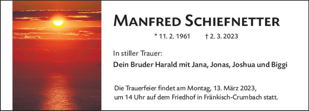  Traueranzeige für Manfred Schiefnetter vom 09.03.2023 aus Odenwälder Echo