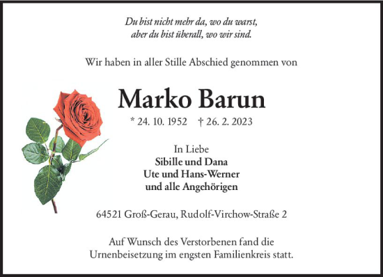 Traueranzeige von Manko Barun von Groß-Gerauer Echo