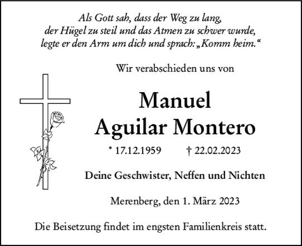  Traueranzeige für Manuel Aguilar Montero vom 01.03.2023 aus Weilburger Tageblatt