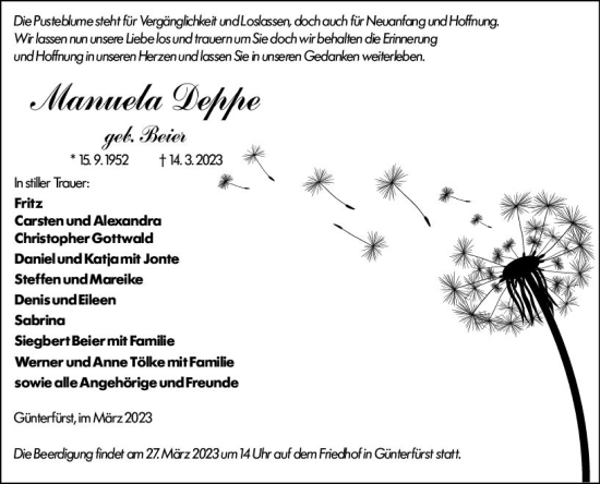 Traueranzeige von Manuela Deppe von Odenwälder Echo