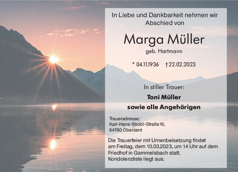  Traueranzeige für Marga Müller vom 04.03.2023 aus Odenwälder Echo