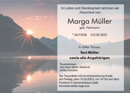 Traueranzeige von Marga Müller von Odenwälder Echo