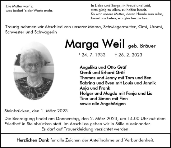 Traueranzeige von Marga Weil von Dill Block