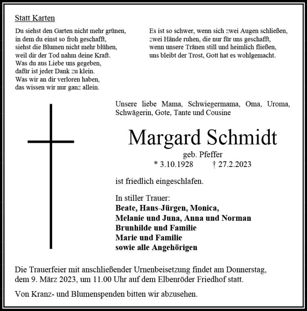  Traueranzeige für Margard Schmidt vom 04.03.2023 aus VRM Trauer