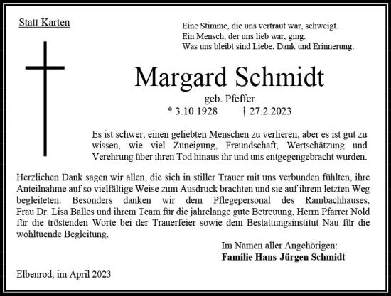 Traueranzeige von Margard Schmidt von Oberhessen Kurier