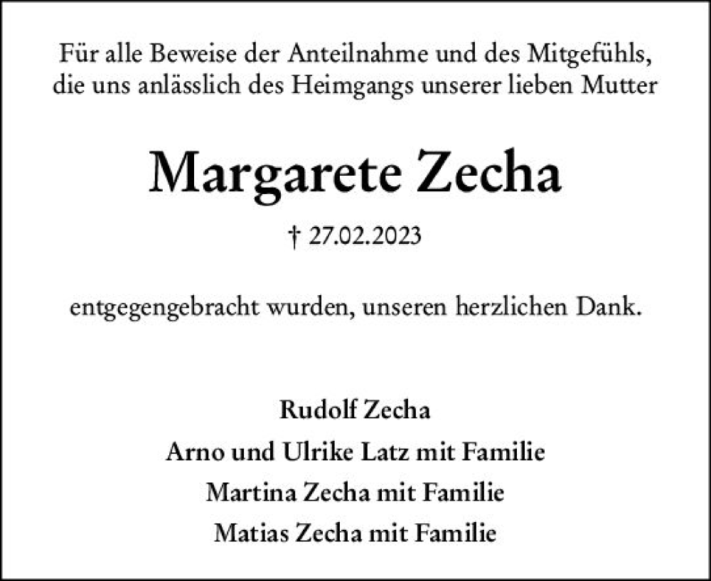  Traueranzeige für Margarete Zecha vom 17.03.2023 aus Dill Block