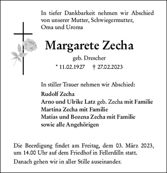 Traueranzeige von Margarete Zecha von Dill Block