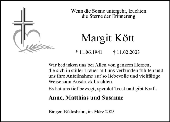 Traueranzeige von Margit Kött von Allgemeine Zeitung Bingen/Ingelheim