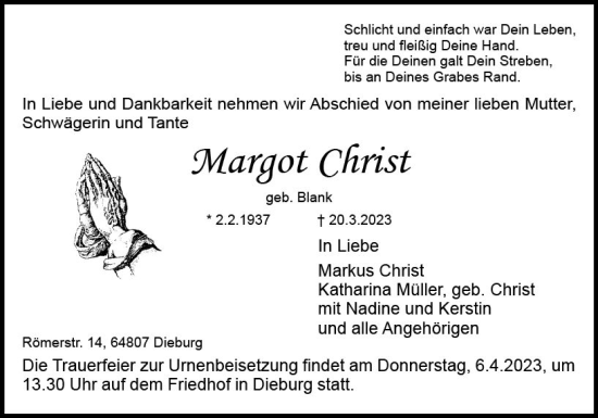 Traueranzeige von Margot Christ von Dieburger Anzeiger/Groß-Zimmerner Lokal-Anzeiger