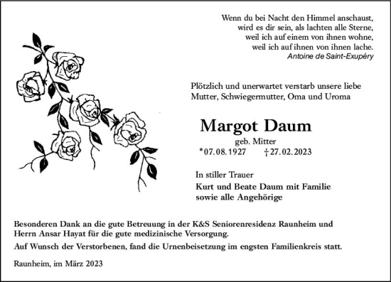 Traueranzeige von Margot Daum von Rüsselsheimer Echo