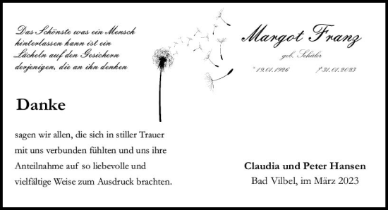 Traueranzeige von Margot Franz von Allgemeine Zeitung Bingen/Ingelheim