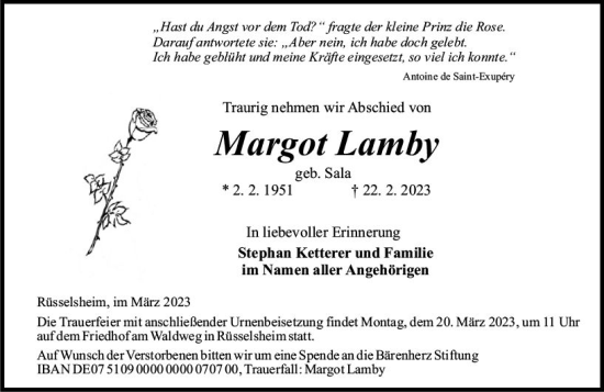Traueranzeige von Margot Lamby von Rüsselsheimer Echo