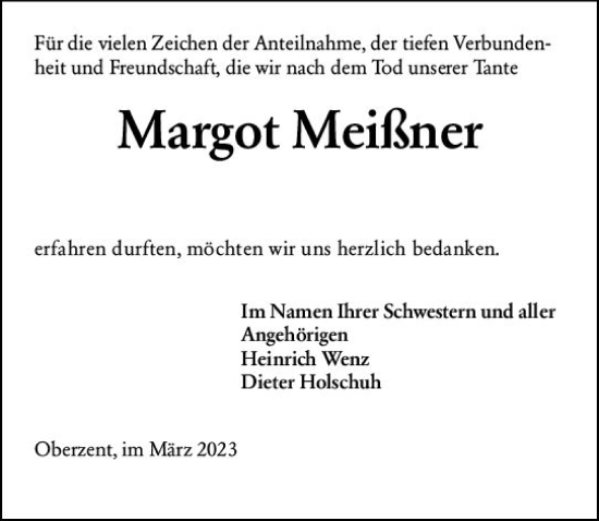 Traueranzeige von Margot Meißner von Odenwälder Echo