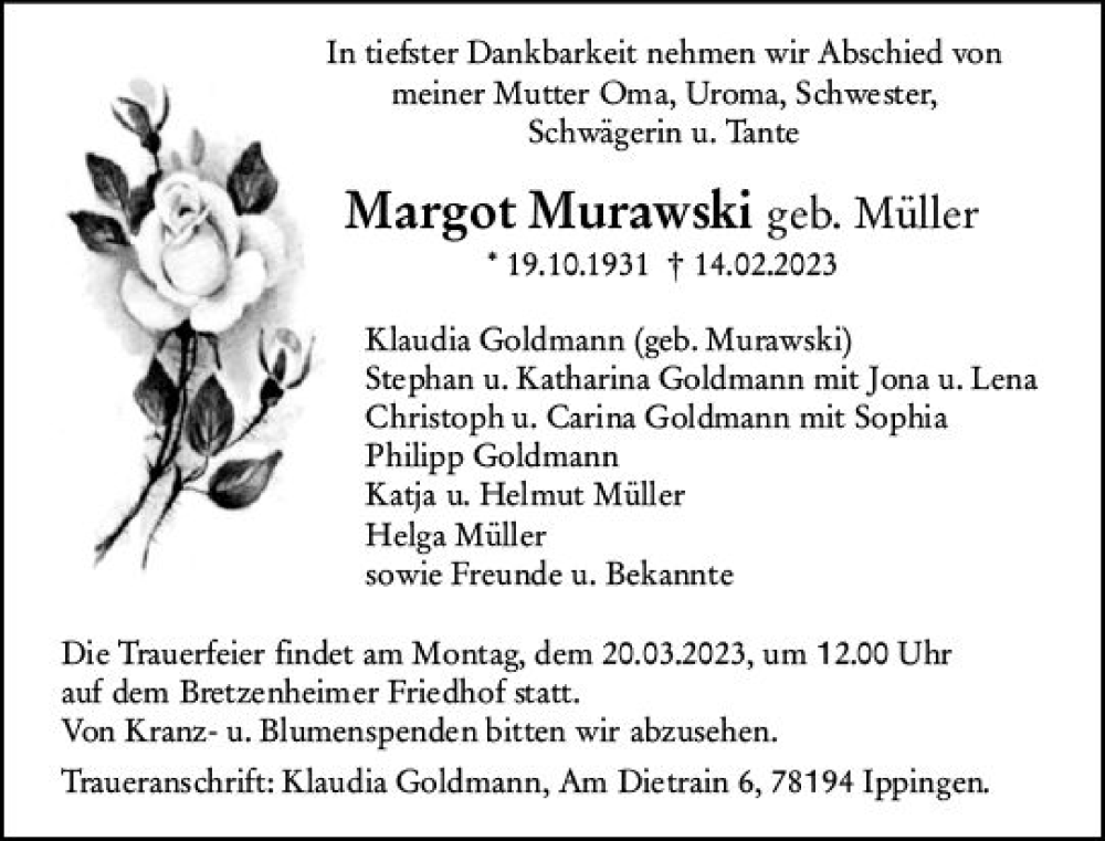  Traueranzeige für Margot Murawski vom 18.03.2023 aus Allgemeine Zeitung Mainz