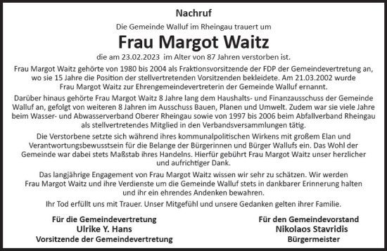 Traueranzeige von Margot Waitz von Wiesbadener Kurier