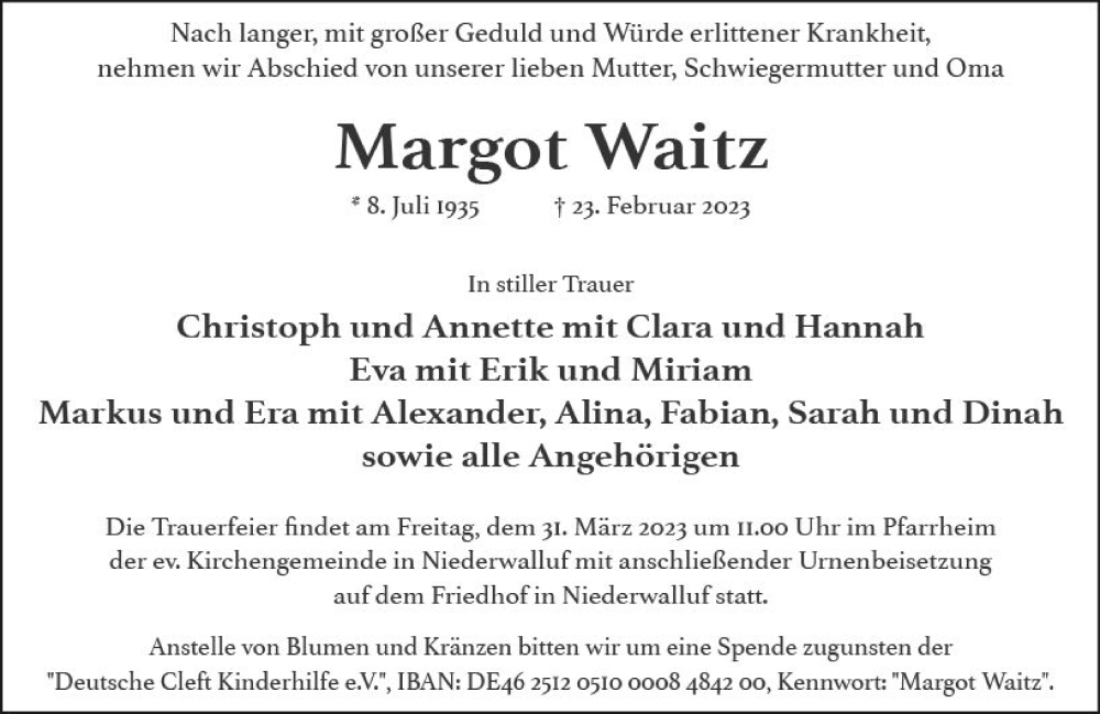  Traueranzeige für Margot Waitz vom 18.03.2023 aus Wiesbadener Kurier