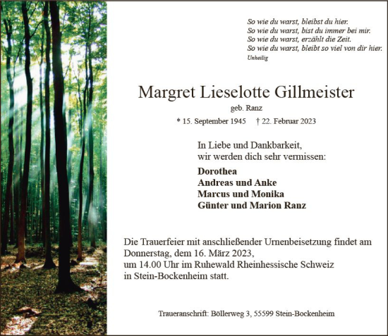 Traueranzeige von Margret Lieselotte Gillmeister von Allgemeine Zeitung Alzey