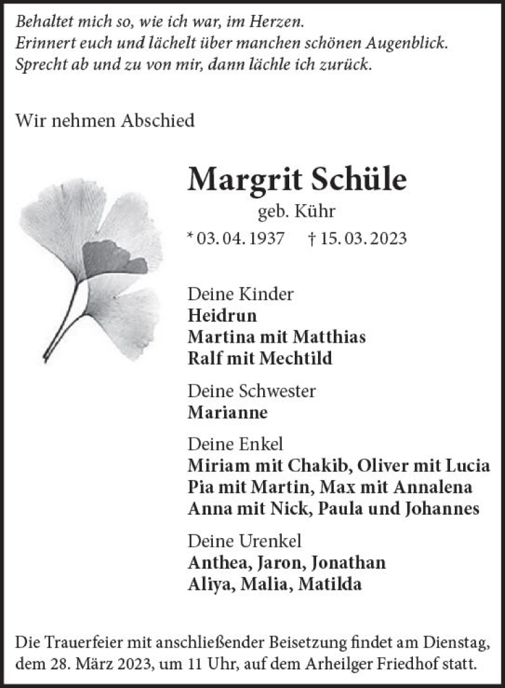  Traueranzeige für Margrit Schüle vom 18.03.2023 aus Darmstädter Echo