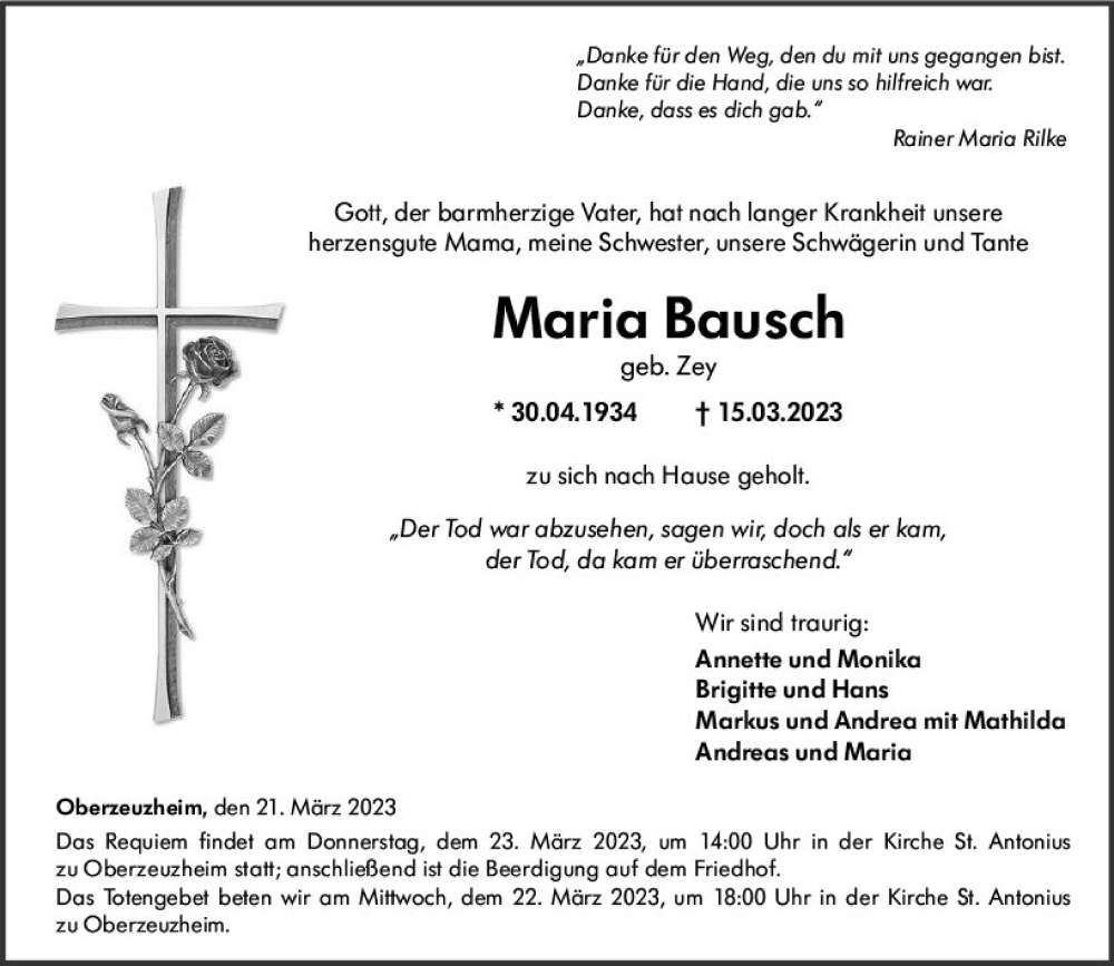  Traueranzeige für Maria Bausch vom 21.03.2023 aus Nassauische Neue Presse