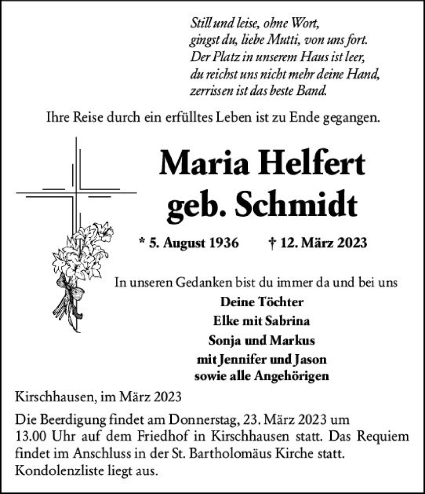  Traueranzeige für Maria Helfert vom 18.03.2023 aus Starkenburger Echo