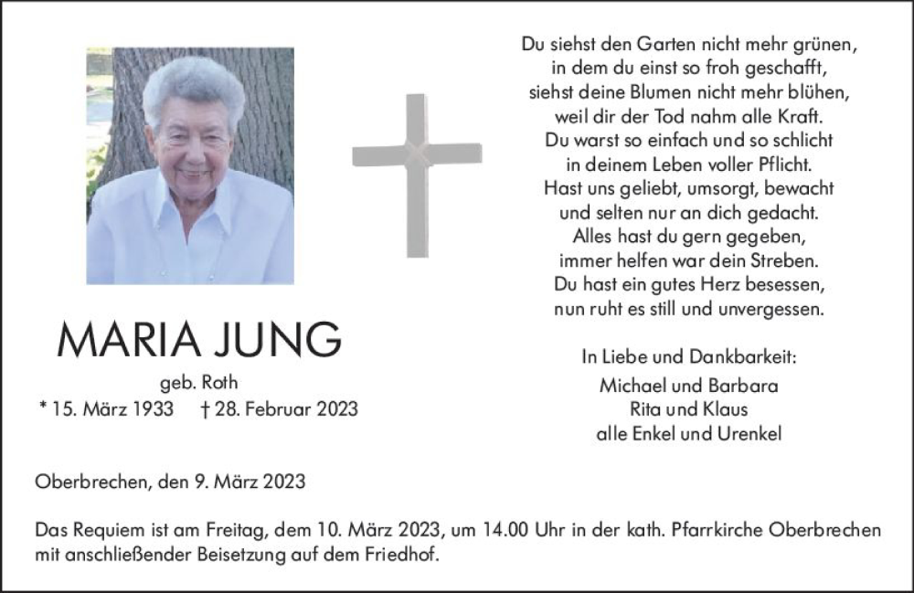  Traueranzeige für Maria Jung vom 09.03.2023 aus Camberger Anzeiger