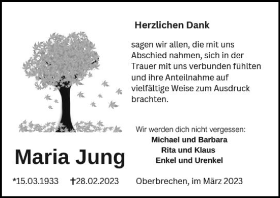 Traueranzeige von Maria Jung von Camberger Anzeiger