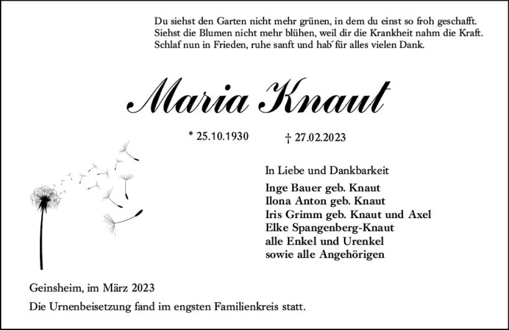  Traueranzeige für Maria Knaut vom 18.03.2023 aus Groß-Gerauer Echo