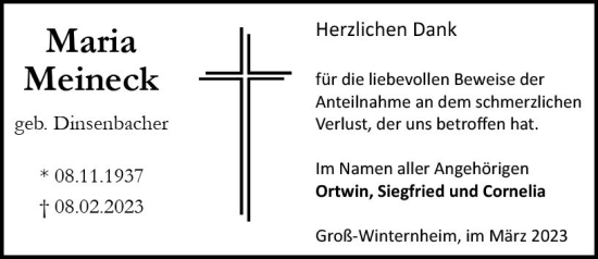 Traueranzeige von Maria Meineck von Allgemeine Zeitung Bingen/Ingelheim