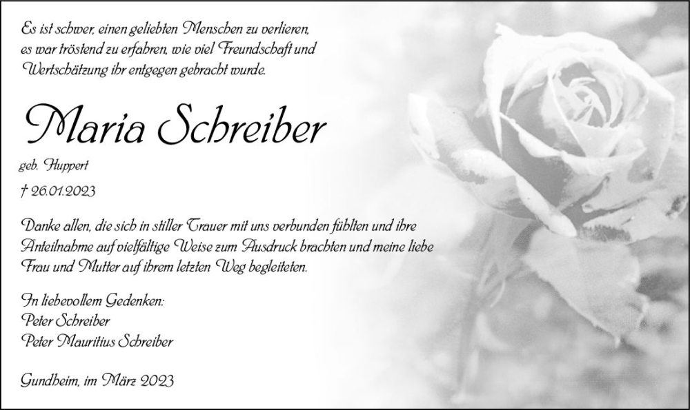  Traueranzeige für Maria Schreiber vom 04.03.2023 aus Wormser Zeitung