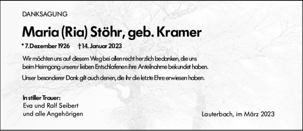  Traueranzeige für Maria Stöhr vom 11.03.2023 aus VRM Trauer