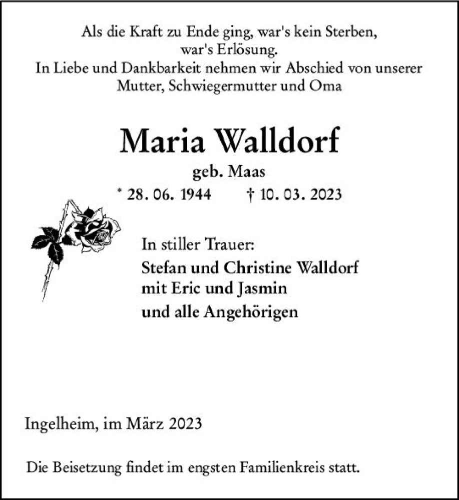  Traueranzeige für Maria Walldorf vom 18.03.2023 aus Allgemeine Zeitung Bingen/Ingelheim