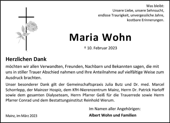 Traueranzeige von Maria Wohn von Allgemeine Zeitung Mainz