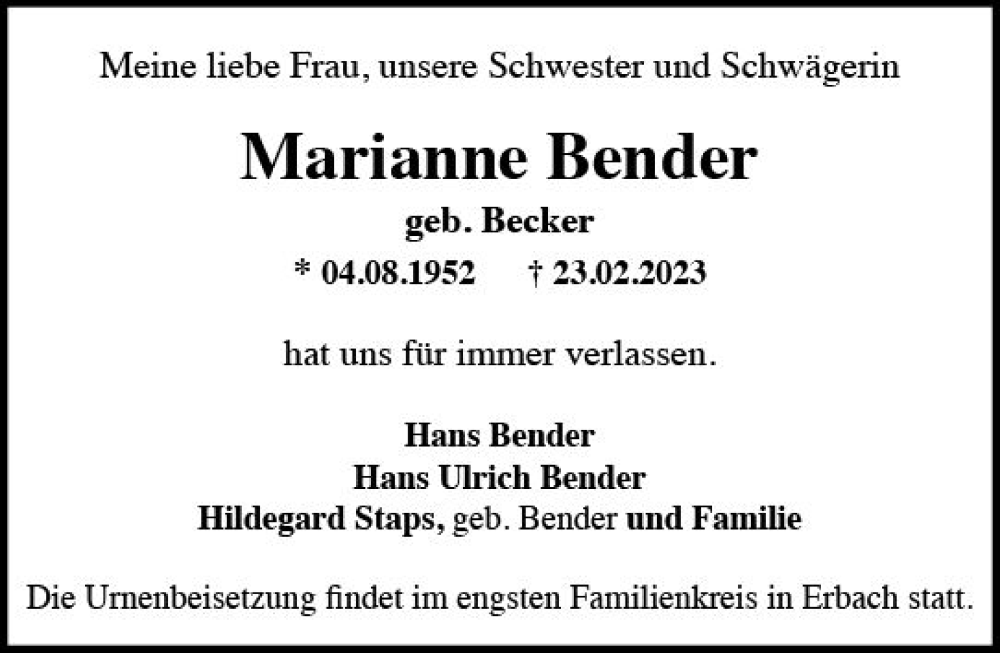  Traueranzeige für Marianne Bender vom 04.03.2023 aus Wiesbadener Kurier