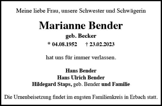 Traueranzeige von Marianne Bender von Wiesbadener Kurier