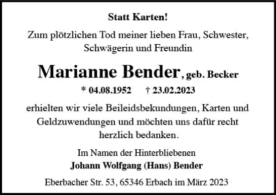 Traueranzeige von Marianne Bender von Wiesbadener Kurier