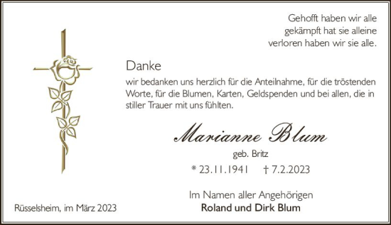 Traueranzeige von Marianne Blum von Rüsselsheimer Echo
