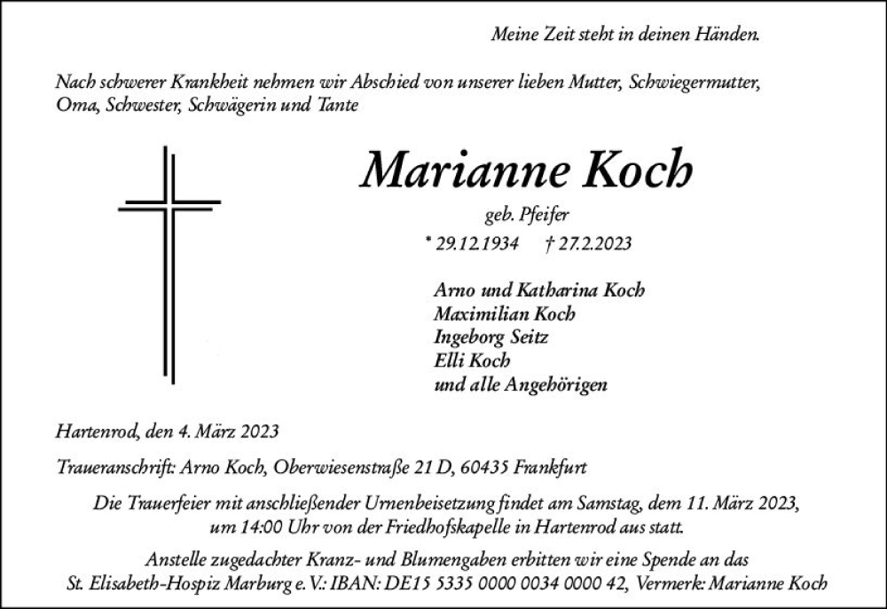  Traueranzeige für Marianne Koch vom 04.03.2023 aus Hinterländer Anzeiger