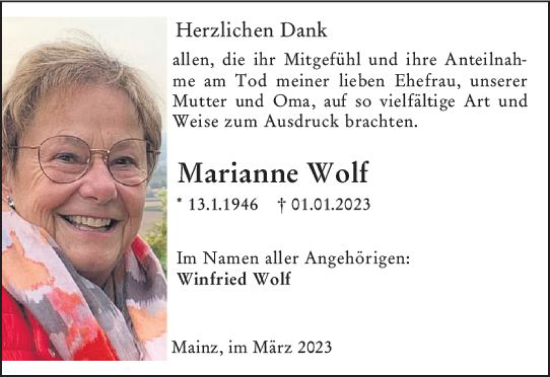 Traueranzeige von Marianne Wolf von Allgemeine Zeitung Mainz
