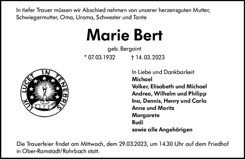  Traueranzeige für Marie Bert vom 25.03.2023 aus Darmstädter Echo
