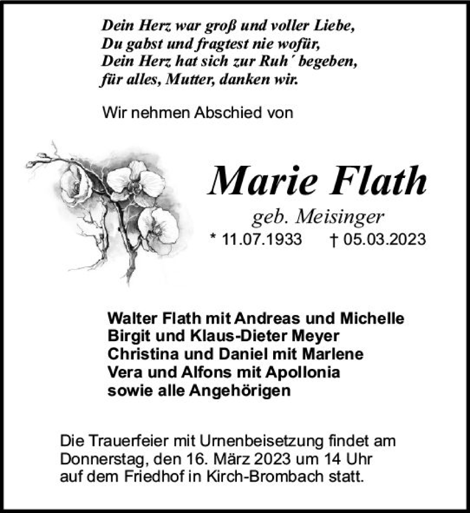  Traueranzeige für Marie Flath vom 11.03.2023 aus Odenwälder Echo