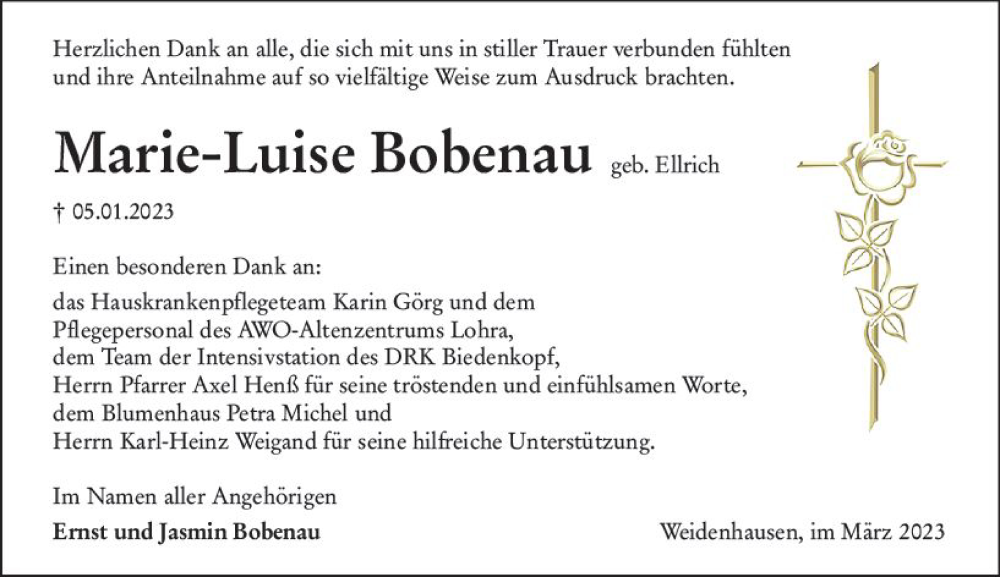  Traueranzeige für Marie-Luise Bobenau vom 04.03.2023 aus Hinterländer Anzeiger