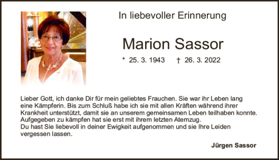 Traueranzeige von Marion Sassor von Darmstädter Echo