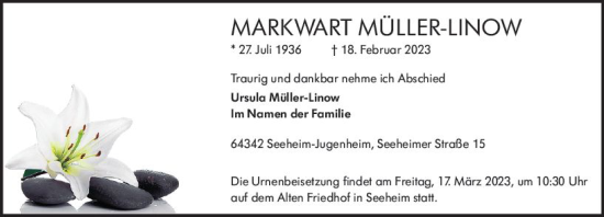 Traueranzeige von Markwart Müller-Linow von Darmstädter Echo