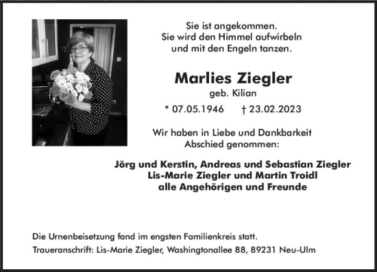 Traueranzeige von Marlies Ziegler von Allgemeine Zeitung Bingen/Ingelheim